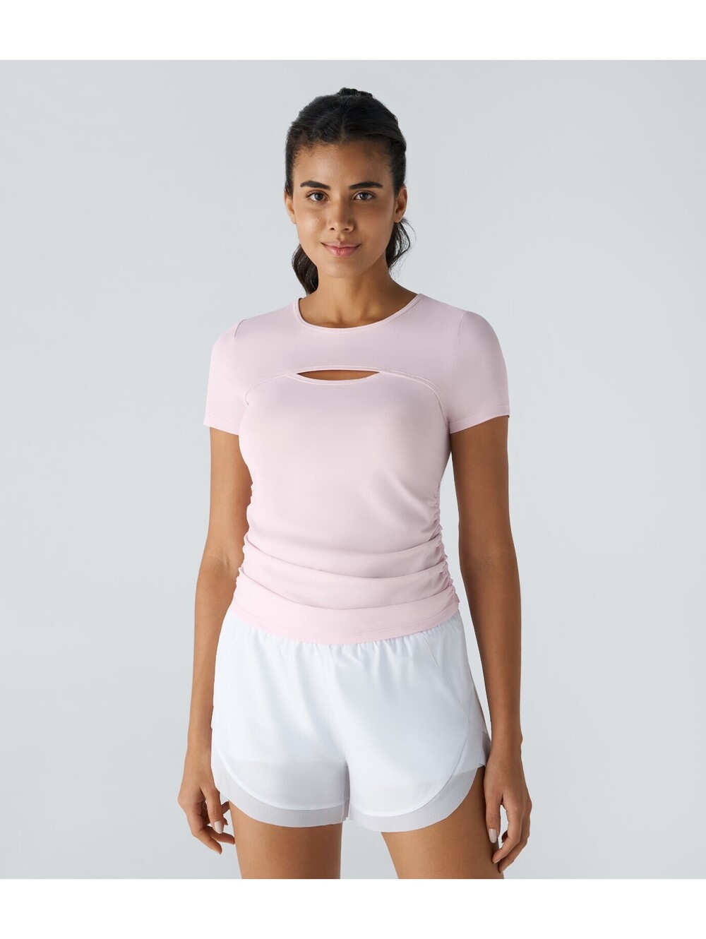 Halara Women's Short Sleeve Cut Out Ruched Workout Sports Top Pink Size XS